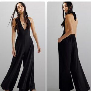 Free People Black Open-Back, Halter, Wide-Leg One Piece, Size L